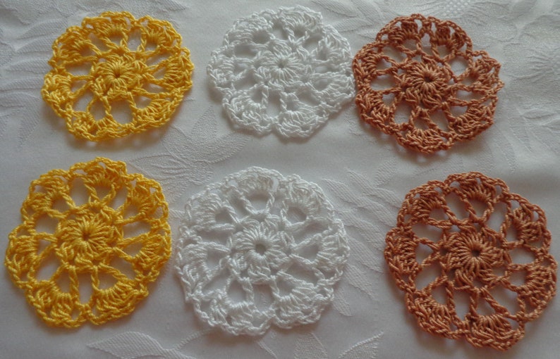 Set of 6 Crocheted Flower Mandala Applique width 2.5 / Crochet Applique for Clips, Jewelry, Earrings, or Clothes / Crochet Flower image 5