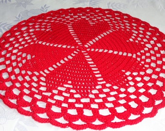 Crochet Handmade Doily (13") / Romantic  Doily / Red Valentine's Day Doily / Elegant Home Accents / Table Centerpiece / Table Decor. /