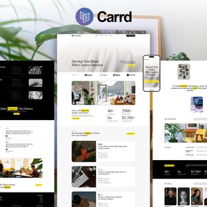 May include: A digital display showing three website layout variations for Carrd, featuring a white and black color scheme with yellow text highlights. The designs include sections for brand development, client testimonials, and team member portraits.