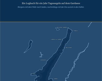 Dziennik żeglarski jeziora Garda, spersonalizowany nazwą łodzi, dziennik żeglarski jeziora Garda w języku niemieckim, Riva do Malcesine, spersonalizowany prezent dla żeglarza
