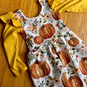 Floral Pumpkin Knit Romper: Thanksgiving Outfit, Long Sleeve Girls Romper