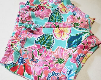 Floral Shorties, Knit shorts, Pocket shorts, 3t ready to ship, Tropical birthday, aloha party, hawaiian theme girls birthday