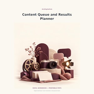 May include: A digital planner titled Content Queue and Results Planner by ALGDigitalHub. The graphic features a camera, film reels, a spotlight, speech bubbles, and stationery in shades of burgundy, cream, and soft pink on a light background.