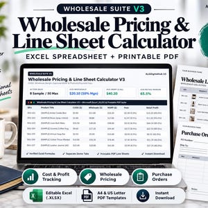 May include: A digital Wholesale Pricing and Line Sheet Calculator V3 displayed on a laptop screen, featuring Excel spreadsheet and printable PDF templates for tracking costs, profits, and creating professional line sheets and purchase orders.