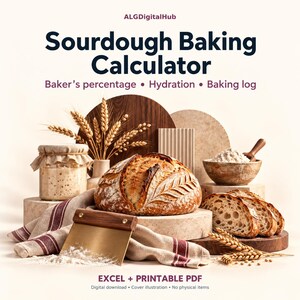Könnte beinhalten: Ein Sauerteig-Backrechner als digitaler Download mit dem Text 'ALGDigitalHub', 'Sourdough Baking Calculator', 'Baker's percentage • Hydration • Baking log' und 'EXCEL + PRINTABLE PDF'. Enthält Brot, Mehl und einen Teigschaber.