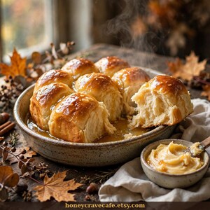 May include: A round ceramic dish filled with golden-brown, glazed pull-apart rolls emitting steam, accompanied by a small bowl of butter. The text honeycravecafe.etsy.com is visible at the bottom of the image.