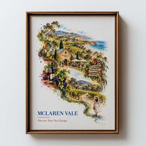 Könnte beinhalten: Ein gerahmter Aquarelldruck von McLaren Vale mit einem Weingut, Weinbergen, einer Weinflasche mit Glas und einer Person auf einem Weg. Ein Holzschild weist auf Cellar Doors, Food & Wine und Beaches hin. Text: McLaren Vale Discover Your Next Escape.