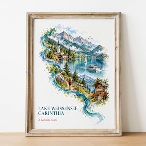 May include: A framed watercolor print depicting Lake Weissensee in Carinthia, featuring mountains, a church, a boat, and a person walking on a path. The text reads LAKE WEISSENSEE, CARINTHIA and A Lakeside Escape in dark blue and red.