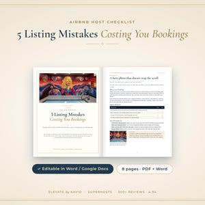 Puede incluir: Un documento de lista de verificación para anfitriones de Airbnb titulado 5 Listing Mistakes Costing You Bookings. Las páginas abiertas muestran texto, una tabla de verificación y una foto de una habitación con un mural. Incluye archivos editables.