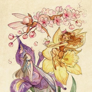 Midsummer Fairies - Cherry Blossom, Daffodil, and Iris: Art Print