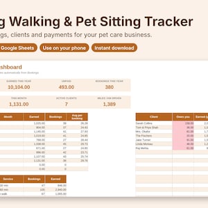 Dog Walking Business Spreadsheet, Pet Sitting Client and Booking Tracker, Pet Care Income Log, Excel and Google Sheets Template