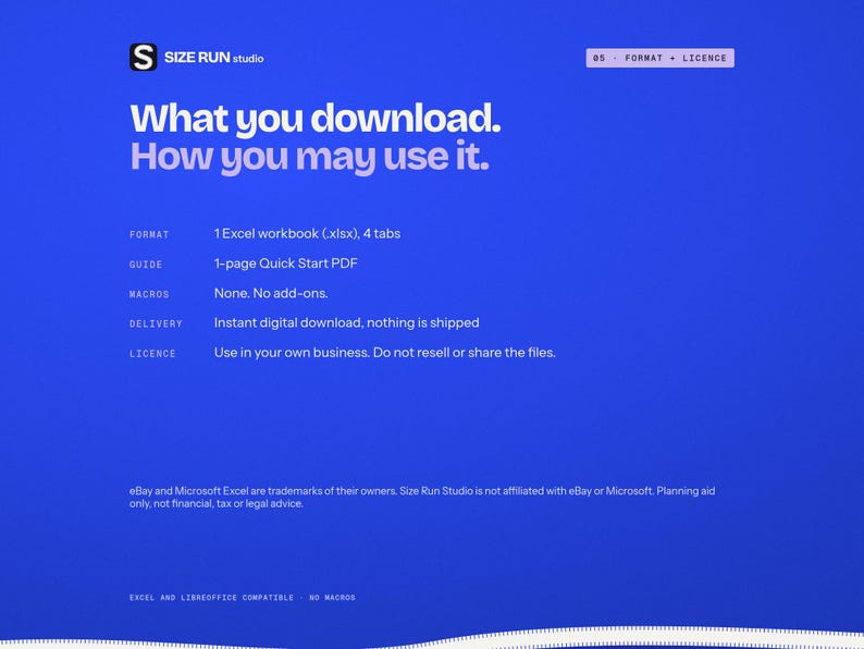 Puede incluir: Un gr&aacute;fico de informaci&oacute;n digital azul titulado What you download. How you may use it. Enumera detalles de formato que incluyen un libro de trabajo de Excel con cuatro pesta&ntilde;as, una gu&iacute;a PDF de inicio r&aacute;pido, sin macros y t&eacute;rminos de licencia.