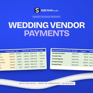 Wedding Vendor Payment Tracker, Deposit and Balance Due Schedule with Budget vs Contract Dashboard