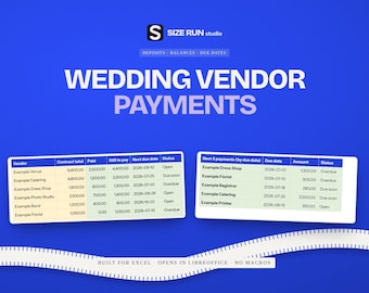 Wedding Vendor Payment Tracker, Deposit and Balance Due Schedule with Budget vs Contract Dashboard