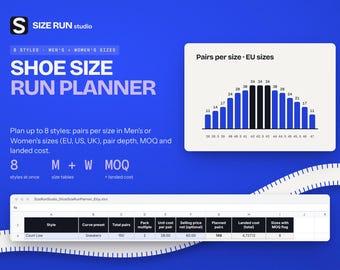 Shoe Size Run Planner Spreadsheet, Footwear Buying Plan Template, EU Sizes, Half Sizes, MOQ Calculator, Landed Cost for Footwear Buyers