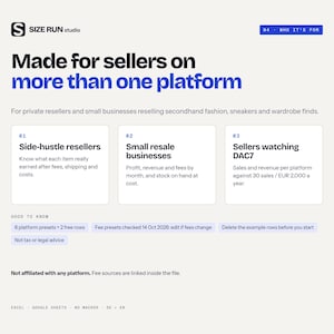 May include: A digital interface for Size Run Studio featuring the text Made for sellers on more than one platform. It outlines three categories: Side-hustle resellers, Small resale businesses, and Sellers watching DAC7, with additional notes on platform presets and fee tracking.