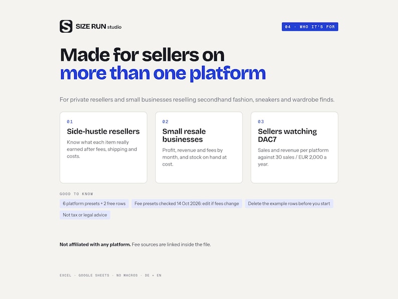 May include: A digital interface for Size Run Studio featuring the text Made for sellers on more than one platform. It outlines three categories: Side-hustle resellers, Small resale businesses, and Sellers watching DAC7, with additional notes on platform presets and fee tracking.