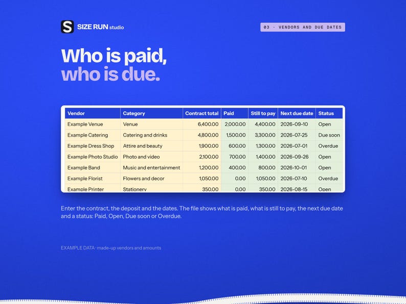 Wedding Vendor Payment Tracker, Deposit and Balance Due Schedule with Budget vs Contract Dashboard Bild 3