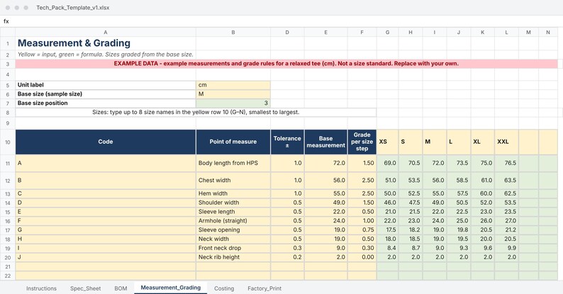May include: A digital spreadsheet titled Measurement & Grading for a tech pack template. The table displays columns for code, point of measure, tolerance, base measurement, grade per size step, and sizes ranging from XS to XXL in cm units.