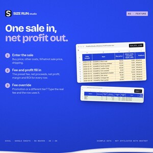 K&ouml;nnte beinhalten: Eine digitale Benutzeroberfl&auml;che f&uuml;r Size Run Studio mit blauem Hintergrund und wei&szlig;em Text. Sie zeigt eine Verkaufsprotokoll-Tabelle, einen Gewinn-Tracker und drei nummerierte Schritte zur Berechnung des Nettogewinns, inklusive Geb&uuml;hren.