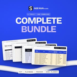 May include: A digital bundle of four spreadsheet tools from Size Run Studio, including a Buying Kit, Shoe Planner, Price Ladder, and Profit Tracker. The blue background features white text and a white measuring tape graphic at the bottom.