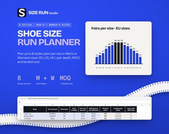 Shoe Size Run Planner Spreadsheet, Footwear Buying Plan Template, EU Sizes, Half Sizes, MOQ Calculator, Landed Cost for Footwear Buyers