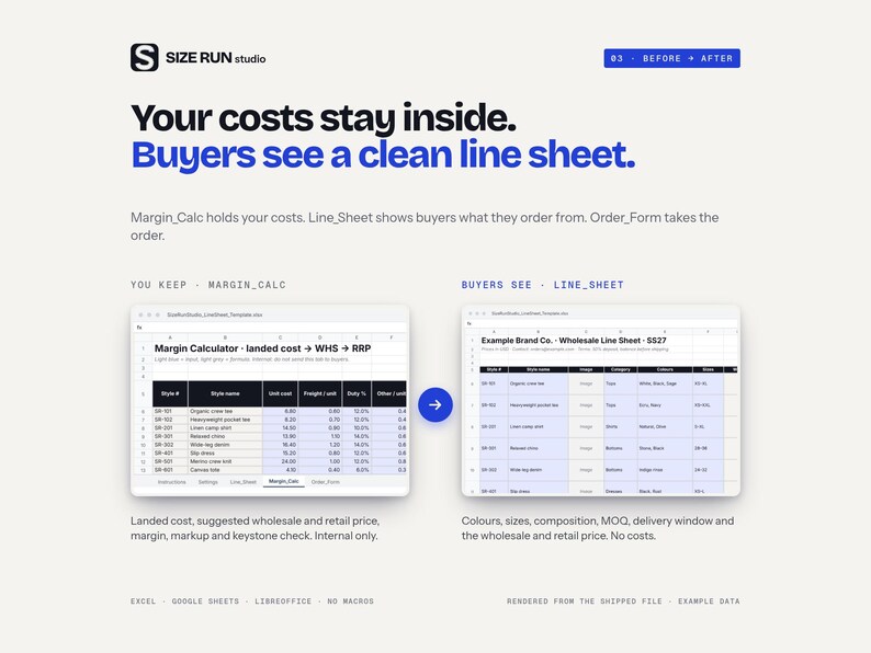 Wholesale Line Sheet Template with Margin Calculator, Price List and Order Form for Fashion Brands image 4