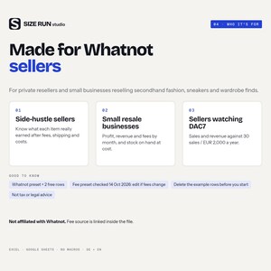 K&ouml;nnte beinhalten: Eine digitale Benutzeroberfl&auml;che mit dem Titel Size Run studio, Made for Whatnot sellers. Sie beschreibt drei Kategorien: Side-hustle sellers, Small resale businesses und Sellers watching DAC7. Enth&auml;lt Hinweise zu Geb&uuml;hren, Steuerberatung und Softwarekompatibilit&auml;t.