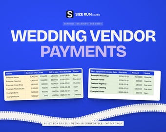 Wedding Vendor Payment Tracker, Deposit and Balance Due Schedule with Budget vs Contract Dashboard