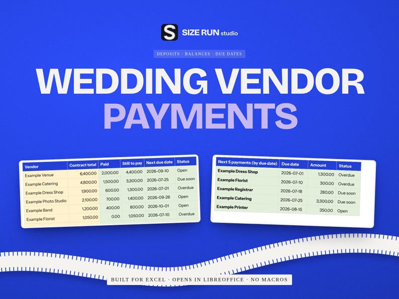 Wedding Vendor Payment Tracker, Deposit and Balance Due Schedule with Budget vs Contract Dashboard Bild 1