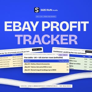 Puede incluir: Una plantilla de hoja de c&aacute;lculo de seguimiento de beneficios de eBay sobre un fondo azul. El gr&aacute;fico muestra el texto SIZE RUN studio, EBAY PROFIT TRACKER y tres vistas previas de hojas de c&aacute;lculo etiquetadas como Sales log, Fee table y Dashboard.