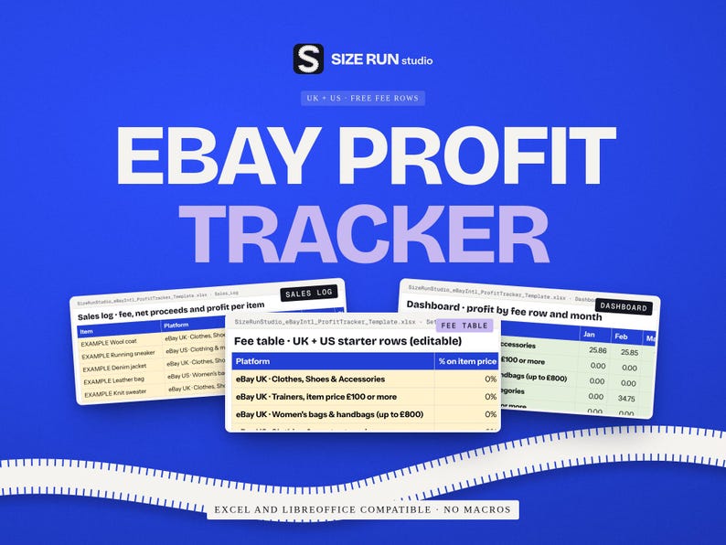 Puede incluir: Una plantilla de hoja de c&aacute;lculo de seguimiento de beneficios de eBay sobre un fondo azul. El gr&aacute;fico muestra el texto SIZE RUN studio, EBAY PROFIT TRACKER y tres vistas previas de hojas de c&aacute;lculo etiquetadas como Sales log, Fee table y Dashboard.