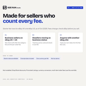 Puede incluir: Una interfaz digital titulada Size Run Studio con el texto Made for sellers who count every fee. Describe tres categor&iacute;as para vendedores de eBay, incluyendo vendedores comerciales y revendedores, con notas adicionales sobre tasas editables y compatibilidad.