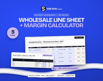 Wholesale Line Sheet Template with Margin Calculator, Price List and Order Form for Fashion Brands