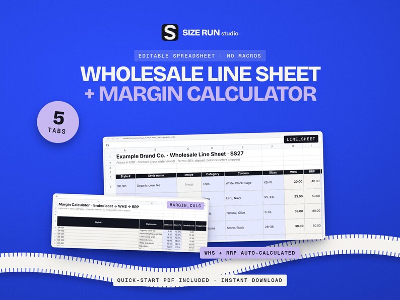 Wholesale Line Sheet Template with Margin Calculator, Price List and Order Form for Fashion Brands image 1