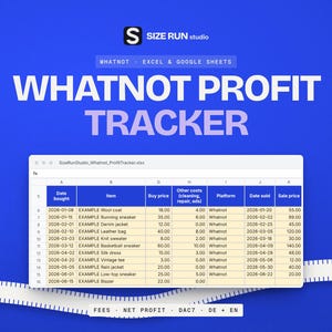 K&ouml;nnte beinhalten: Eine digitale Tabellenkalkulation mit dem Titel Whatnot Profit Tracker von Size Run Studio. Die Benutzeroberfl&auml;che zeigt Spalten f&uuml;r Kaufdatum, Artikel, Kaufpreis, sonstige Kosten, Plattform, Verkaufsdatum und Verkaufspreis auf blauem Grund.