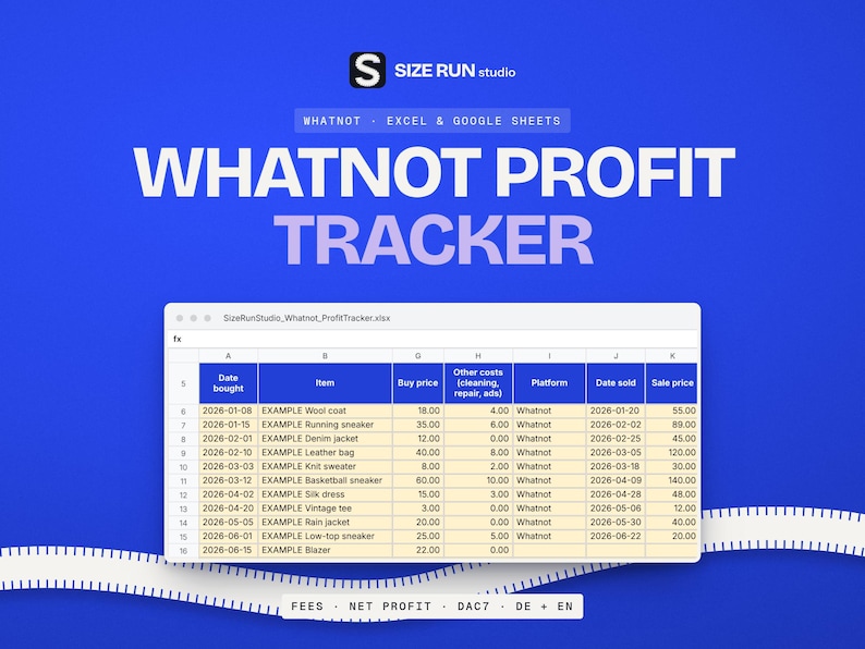 K&ouml;nnte beinhalten: Eine digitale Tabellenkalkulation mit dem Titel Whatnot Profit Tracker von Size Run Studio. Die Benutzeroberfl&auml;che zeigt Spalten f&uuml;r Kaufdatum, Artikel, Kaufpreis, sonstige Kosten, Plattform, Verkaufsdatum und Verkaufspreis auf blauem Grund.