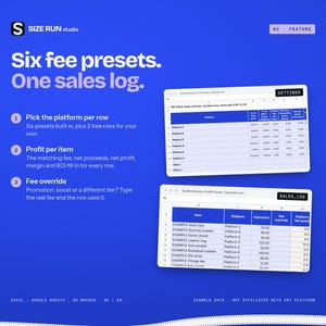 May include: A digital product interface on a blue background titled Size Run Studio. It features text about six fee presets and one sales log, alongside two spreadsheet windows labeled Settings and Sales Log displaying data columns.