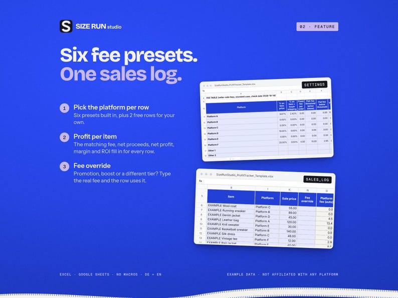 May include: A digital product interface on a blue background titled Size Run Studio. It features text about six fee presets and one sales log, alongside two spreadsheet windows labeled Settings and Sales Log displaying data columns.