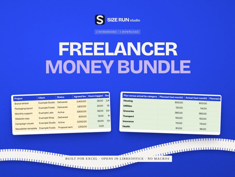 Freelancer Money Bundle, Client Invoice and Irregular Income Budget Spreadsheets for Solo Workers zdjęcie 1