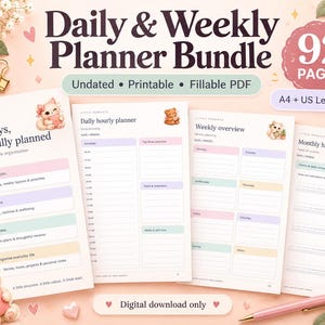 May include: A digital daily and weekly planner bundle featuring 92 pages in A4 and US Letter sizes. The printable, fillable PDF set includes layouts for daily hourly planning, weekly overviews, and monthly habit trackers with pastel accents.