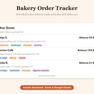 Tabellenkalkulation zur Verfolgung von Bäckereibestellungen, individuelles Tortenbestellformular und Einzahlungsverfolgung für Excel & Google Sheets