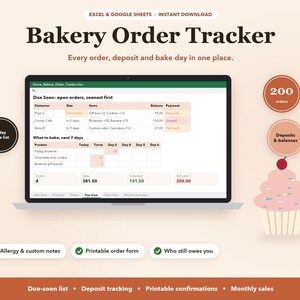 Bakery Order Tracker Spreadsheet, Custom Cake Order Form and Deposit Tracker for Excel & Google Sheets