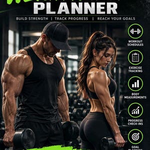 May include: A 12-week weightlifting planner featuring text that reads: 12 WEEK WEIGHTLIFTING PLANNER, BUILD STRENGTH | TRACK PROGRESS | REACH YOUR GOALS, WORKOUT SCHEDULES, EXERCISE TRACKING, BODY MEASUREMENTS, PROGRESS CHECK-INS, GOAL PLANNING, STRONGER THAN YESTERDAY.