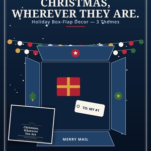 May include: A dark blue graphic poster titled CHRISTMAS, WHEREVER THEY ARE. Holiday Box-Flap Decor — 3 Themes. It features a stylized open box illustration with a red gift, a gift tag labeled TO: MY #1, and a string of colorful lights.
