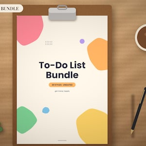 May include: A clipboard holding a paper with the text To-Do List Bundle, 20 Styles - Undated, and get it done, happily. The paper features abstract pink, orange, yellow, blue, and purple shapes on a cream background with a small grid pattern.