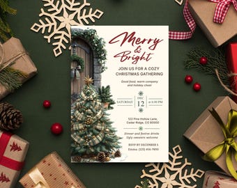 May include: A rectangular Christmas party invitation card featuring a decorated tree, a wooden door, and the text Merry & Bright, Join us for a cozy Christmas gathering, Saturday Dec 12 at 6:00 PM, 123 Pine Hollow Lane, Cedar Ridge, CO 80000.