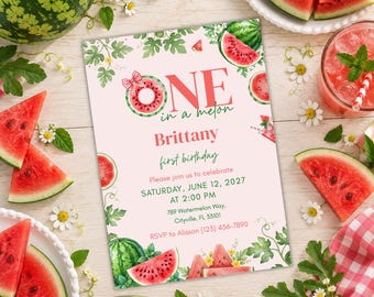 May include: A first birthday invitation card with a light pink background, featuring watermelon illustrations, green vines, and white flowers. The text reads: ONE in a melon, Brittany, first birthday, Saturday, June 12, 2027, at 2:00 PM.