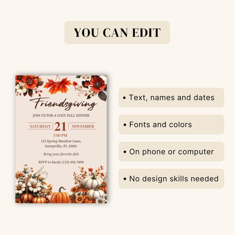 Puede incluir: Una plantilla de invitaci&oacute;n digital para Friendsgiving con hojas de oto&ntilde;o, flores y calabazas. El texto dice Friendsgiving, Join us for a cozy fall dinner, Saturday 21 November, 5:00 PM, 123 Spring Meadow Lane, Sunnyville, FL 33001, Bring your favorite dish, RSVP to Sarah (123) 456-7890.