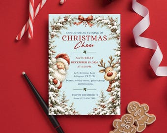 May include: A rectangular Christmas invitation card on a red background featuring a light blue center with a snowy pine border, a Santa Claus, and a reindeer. Text reads: JOIN US FOR AN EVENING OF CHRISTMAS CHEER, SATURDAY DECEMBER 19, 2026 AT 6:00 PM.